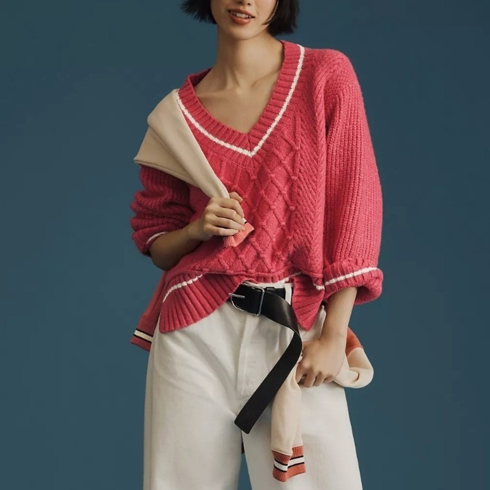 MAEVE x ANTHROPOLOGIE The Tillie Varsity V-Neck Pullover Sweater